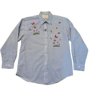 Fortune by‎ Stan L Black White Stripe Embroidered Bug Rhinestone Button Shirt